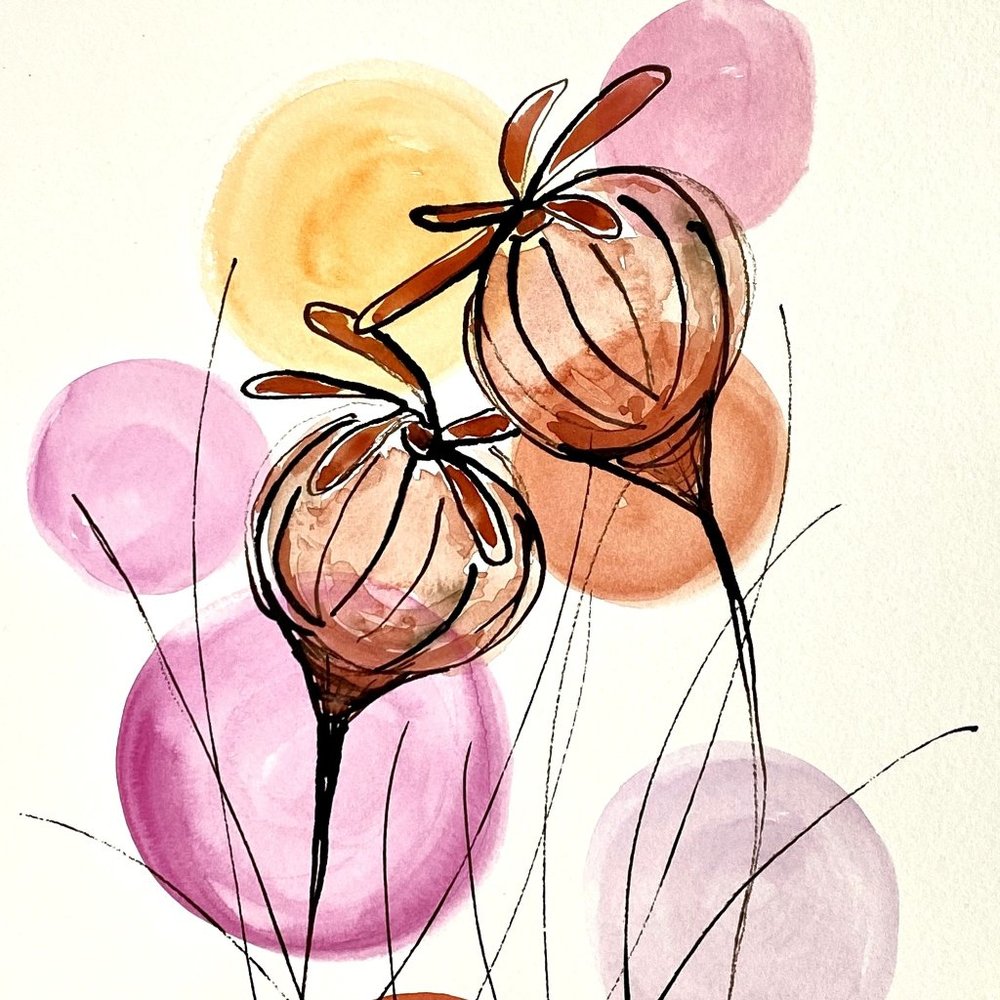 Poppy Pair Original Poppy Art Watercolor Painting 11x14in Matted Frame Ready